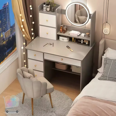 Туалетный столик для макияжа STL-MD 92 серо-белый 100 см с круглым LED-зеркалом &bull; Косметический стол с подсветкой, местом для хранения, для спальни, гардеробной и домашней бьюти-зоны