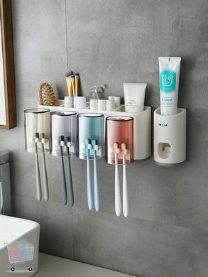 Настінний органайзер - тримач зубних щіток з отворами для зберігання приладдя для ванної кімнати + Автоматичний диспенсер зубної пасти