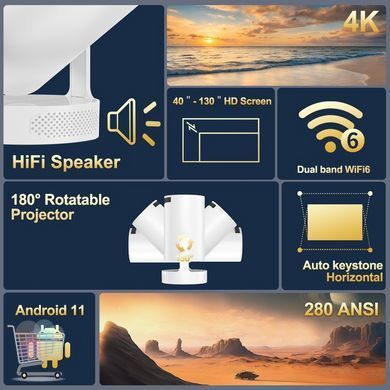 Портативный проектор P30 4K для дома &bull; Смарт проектор с Android 11 Bluetooth, Wi-Fi HDMI и USB для кинотеатра и игр