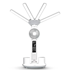 Настольная LED лампа KRX-1011 с вентилятором, часами и органайзером &bull; Аккумуляторный светильник 4 в 1 с дисплеем, сенсорным управлением и 3 режимами света для рабочего стола, учебы и дома