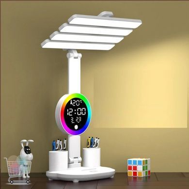 Настільна лампа KRX-104 LED з RGB-підсвіткою, вентилятором, годинником і органайзером &bull; Акумуляторний світильник 4 в 1 з 4 плафонами, сенсорним керуванням і дисплеєм для роботи, навчання та дому