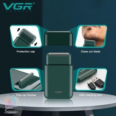 Электробритва VGR V‑390 Green для мужчин &bull; Компактный аккумуляторный шейвер с триммером
