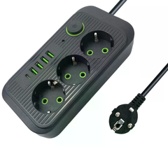Удлинитель Power Socket F09U 2500 Вт 2 м черный &bull; Сетевой фильтр Power Socket F09U на 3 розетки с 4 USB, Type-C PD и выключателем
