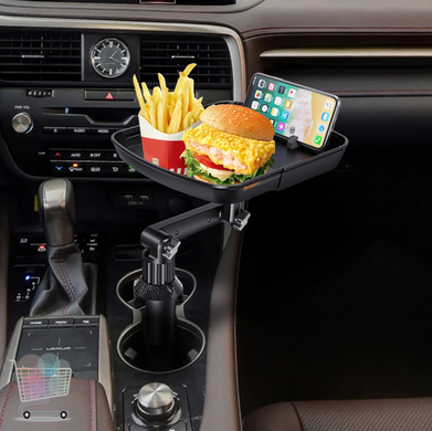 Складаний багатофункціональний столик у підсклянник авто · Автомобільний органайзер з підносом та тримачем телефону