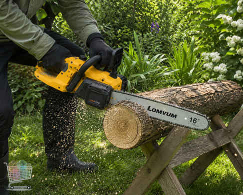 Беспроводная электропила Electric Saw DT-1291 16" с 2 АКБ жёлтая &bull; Аккумуляторная цепная пила Electric Saw DT-1291 для сада, дачи и распила древесины жёлтая