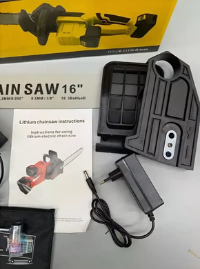 Беспроводная цепная электропила Electric SAW 16&Prime; с двумя аккумуляторами жёлтая &bull; Садовая аккумуляторная пила Electric SAW с шиной 40 см и 2 АКБ жёлтая