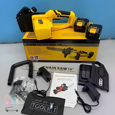 Беспроводная цепная электропила Electric SAW 16&Prime; с двумя аккумуляторами жёлтая &bull; Садовая аккумуляторная пила Electric SAW с шиной 40 см и 2 АКБ жёлтая