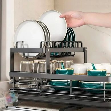 Настольная сушилка для посуды BauTech 42,5х29,5х17 см черная &bull; Двухъярусный кухонный органайзер BauTech с поддоном и держателем для тарелок