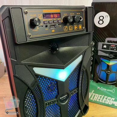 Портативная колонка для караоке TTD-8243 &bull; Беспроводная музыкальная колонка Wireless Speaker TTD-8243 с Bluetooth, микрофоном, аккумулятором, USB, microSD, AUX и LED-подсветкой