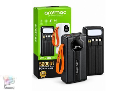 Черный Power Bank Aroimac ARO428 50000 mAh &bull; Портативное зарядное устройство Aroimac ARO428 черного цвета с быстрой зарядкой 22,5W для смартфонов и гаджетов