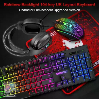Геймерский набор T-Wolf TF-400 Gaming Combo 4в1 черный &bull; Комплект для ПК с клавиатурой, мышью, наушниками и ковриком