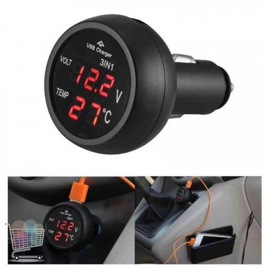 Багатофункціональний автомобільний термометр-вольтметр з USB 3 в 1 VST 706-1 для прикурювача авто 12-24В ∙ Червоні цифри