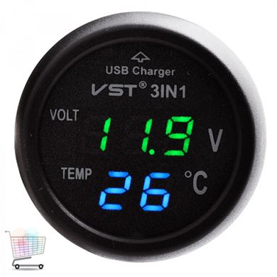 Вольтметр і термометр в одному: Автомобільний гаджет VST 706-4 з USB зарядкою ∙ 12-24В ∙ Зелені/сині цифри