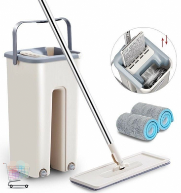 Самовіджимна швабра з відром у комплекті Scratch Cleaning Mop ∙ Швабра ледарка з віджимом + 2 ганчірки-мікрофібри в наборі