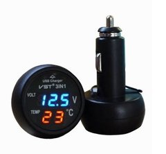 Автомобильный прибор VST 706-5: Вольтметр, термометр и USB 3 в 1 ∙ Прикуриватель для авто 12-24В ∙ Синие / оранжевые цифры