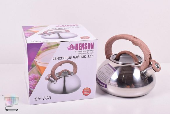 Чайник со свистком из нержавеющей стали Benson BN-705 3 л | Нейлоновая ручка | Индукция PR4