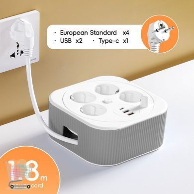 Подовжувач з USB і Type-C A107/PNS-05 білий 4 м &bull; Мережевий розгалужувач на 4 розетки 220V з LED-індикатором для техніки та гаджетів