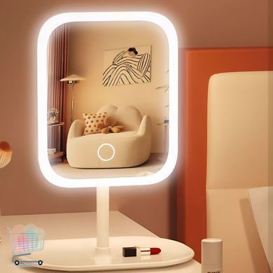 Сенсорне дзеркало для макіяжу KAR192 з LED-підсвіткою та акумулятором біле &bull; Настільне косметичне дзеркало KAR192 з 3 режимами світла, плавною яскравістю та органайзером