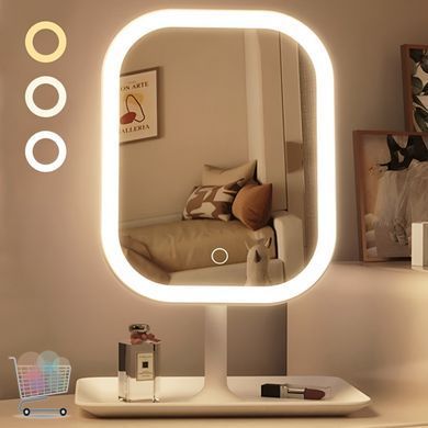 Сенсорне дзеркало для макіяжу KAR192 з LED-підсвіткою та акумулятором біле &bull; Настільне косметичне дзеркало KAR192 з 3 режимами світла, плавною яскравістю та органайзером