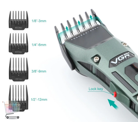 Бездротова машинка для стрижки VGR V-696 з насадками та LCD дисплеєм · Акумуляторний триммер з USB зарядкою