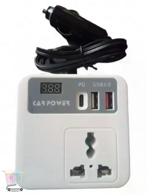 Інвертор у прикурювач Car Power 150W &bull; Автомобільний перетворювач 12V&ndash;220V з розеткою, USB, Type-C PD та LED-дисплеєм