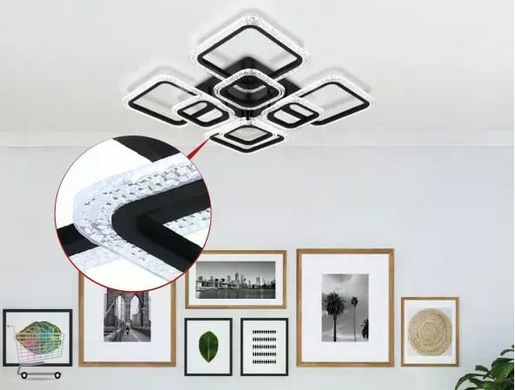LED-люстра X-593 з пультом чорна &bull; Стельовий світильник квадрати для кімнати, кухні, спальні та вітальні