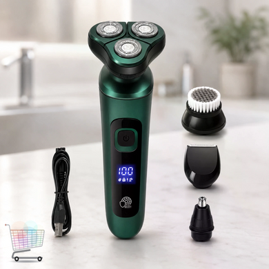 Електробритва Shaver 9D 4 в 1 зелена &bull; Чоловіча акумуляторна роторна бритва з трьома плаваючими головками, тримером, насадкою для носа та LCD-дисплеєм
