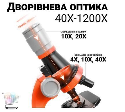 Детский оптический микроскоп с LED подсветкой и биологическими образцами ∙ Микроскоп для юных исследователей с 3 уровнями увеличения и аксессуарами