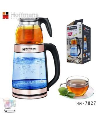 Электрочайник Hoffmans HM-7827 &bull; Чайник стеклянный с заварником для дома и офиса 1800W