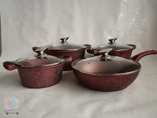 Набор посуды 8 предметов (Мраморное покрытие) - Benson BN-334 Красный PR5