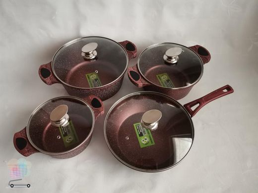 Набор посуды 8 предметов (Мраморное покрытие) - Benson BN-334 Красный PR5