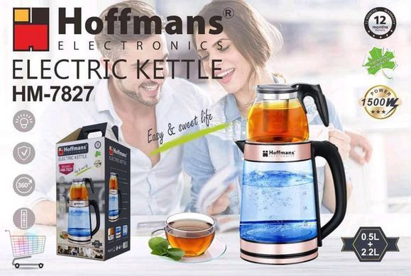 Электрочайник Hoffmans HM-7827 &bull; Чайник стеклянный с заварником для дома и офиса 1800W